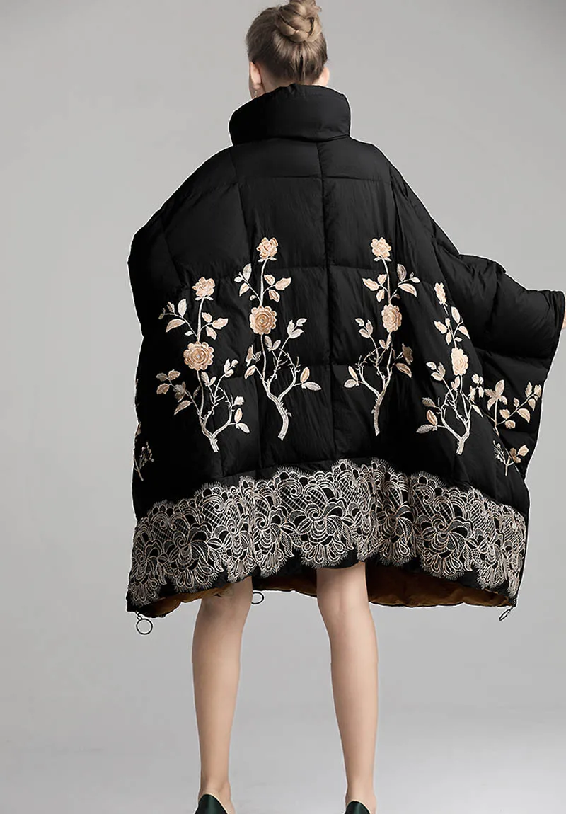 Зимний свободный пуховик китайский Стиль вышивка с воротником-стойкой и вшивным с рукавами «летучая мышь» в ретро-стиле пуховое пальто один размер