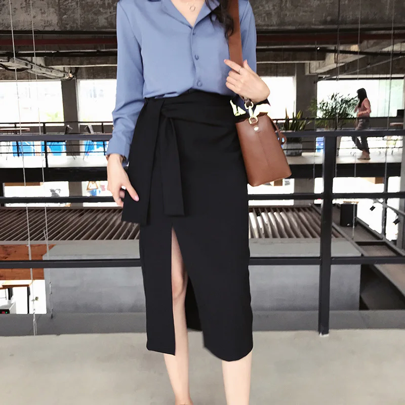 Осенняя женская одежда новая высокая юбка с тонкой талией Женская сексуальная сплит длинная юбка с завязкой на бедрах свободная юбка