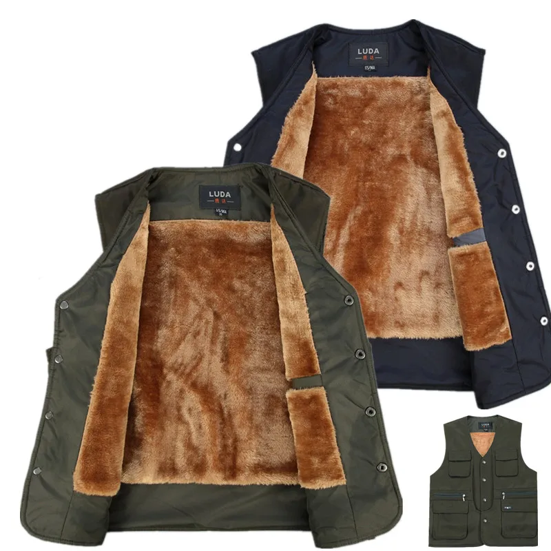 

new Autumn and winter section men's vest men's thicker lamb wool plus size S-3XL cashmere multi pocket cotton vest
