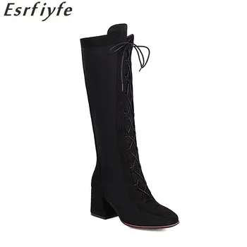

ESRFIYFE 2020 New Large Size 50 Women Knee High Boots Lace Up Autumn Winter Boots Square Heels Shoes Motorcycle Boots Woman
