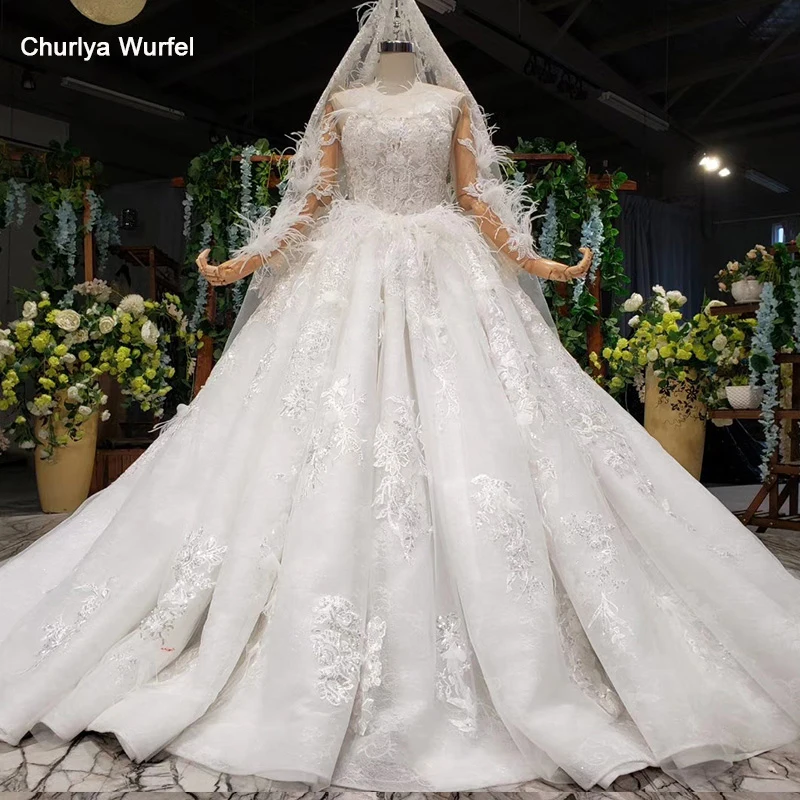 HTL986 роскошное Тюлевое свадебное платье с перьями и круглым вырезом, иллюзия сзади, длинные рукава, свадебные платья, настоящая фотография, vestido de noiva