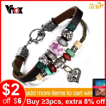 

Vnox Leather Bracelet for Women Bohemia Style Heart& Beads Charm Bracelets Jewelry 8 Inch