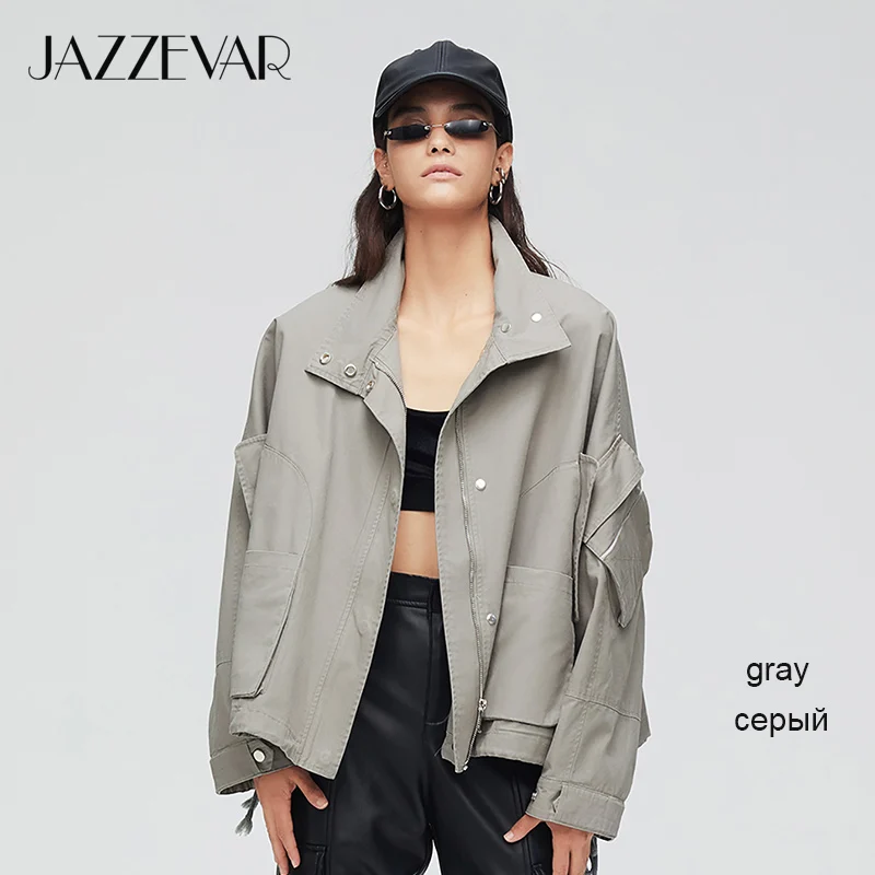 JAZZEVAR Новое поступление осенняя куртка для женщин розовый цвет высокое качество короткий стиль модная ветровка женская весна осень 9023-1 - Цвет: gray XTS02