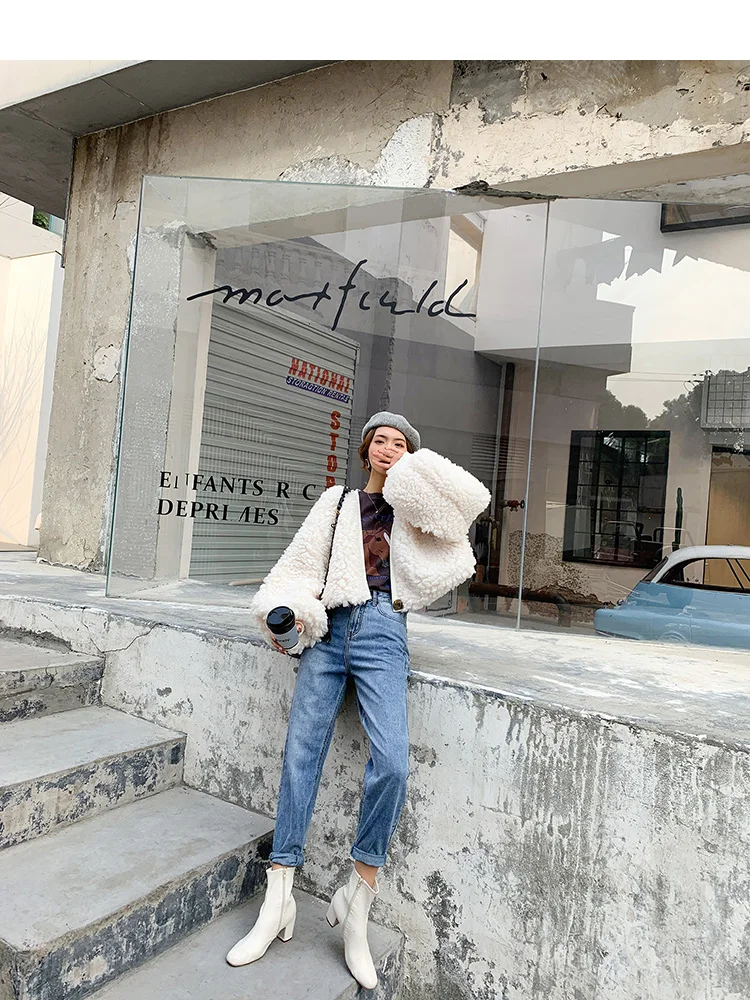 TXJRH Korea Sweet Hairy Shaggy Faux Lamb Fur Jacket Coat Fashion Women Keep Warm Long Lantern Sleeve Outerwear Top 2 Colors