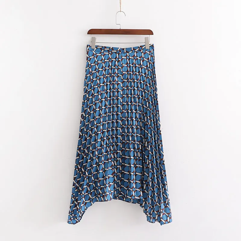 QZ262 European Design Blue Color Geometric Print Pleated Skirt Women's Chic Match All Saias