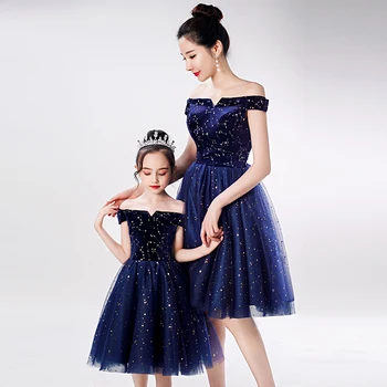 

Navy Blue Evening Dress For Mom And Daughter B113 Off The Shoulder Party Gowns Boat Neck Sleeve Parent-child Formal Dresses