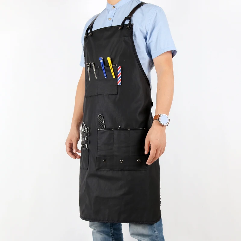 WEEYI Women Men Black Barber Aprons Hairdressing Waterproof Salon Apron For Hairdresser With Leather Straps avental de barbeiro