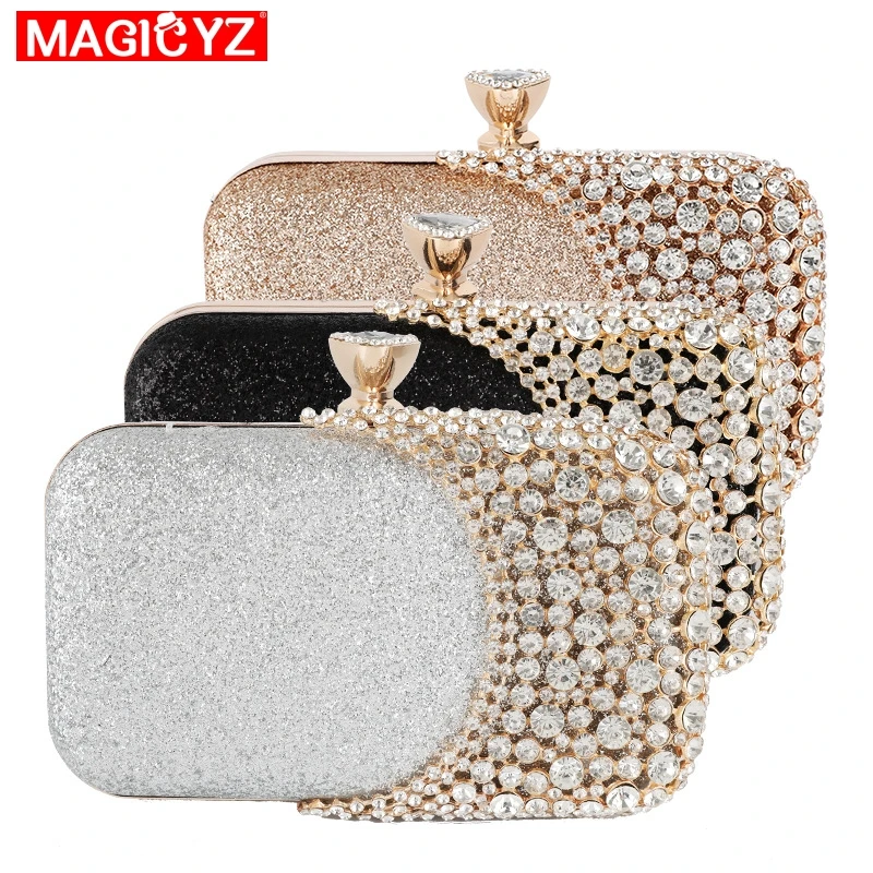 

MAGICYZ Golden Diamond Women Party Metal Crystal Clutch Evening Bags Designer Bridal Shoulder Handbag Square Clutch Purse Bolsas