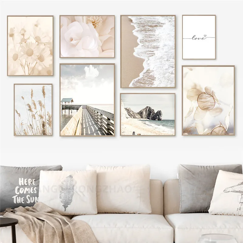 Nordic Home Decor Wall Art Canvas Painting Beige Flower Beach Landscape Picture Bohemia Poster and Print for Living Room Design | Дом и сад