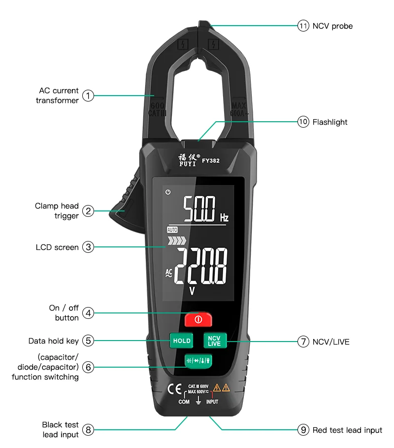 water flow sensor FY382 Big Screen AC Digital Clamp Meter Professional Multimeter Pinza Amperimetrica True RMS Capacitance NCV Ohm Hz Live Tester force measuring instruments