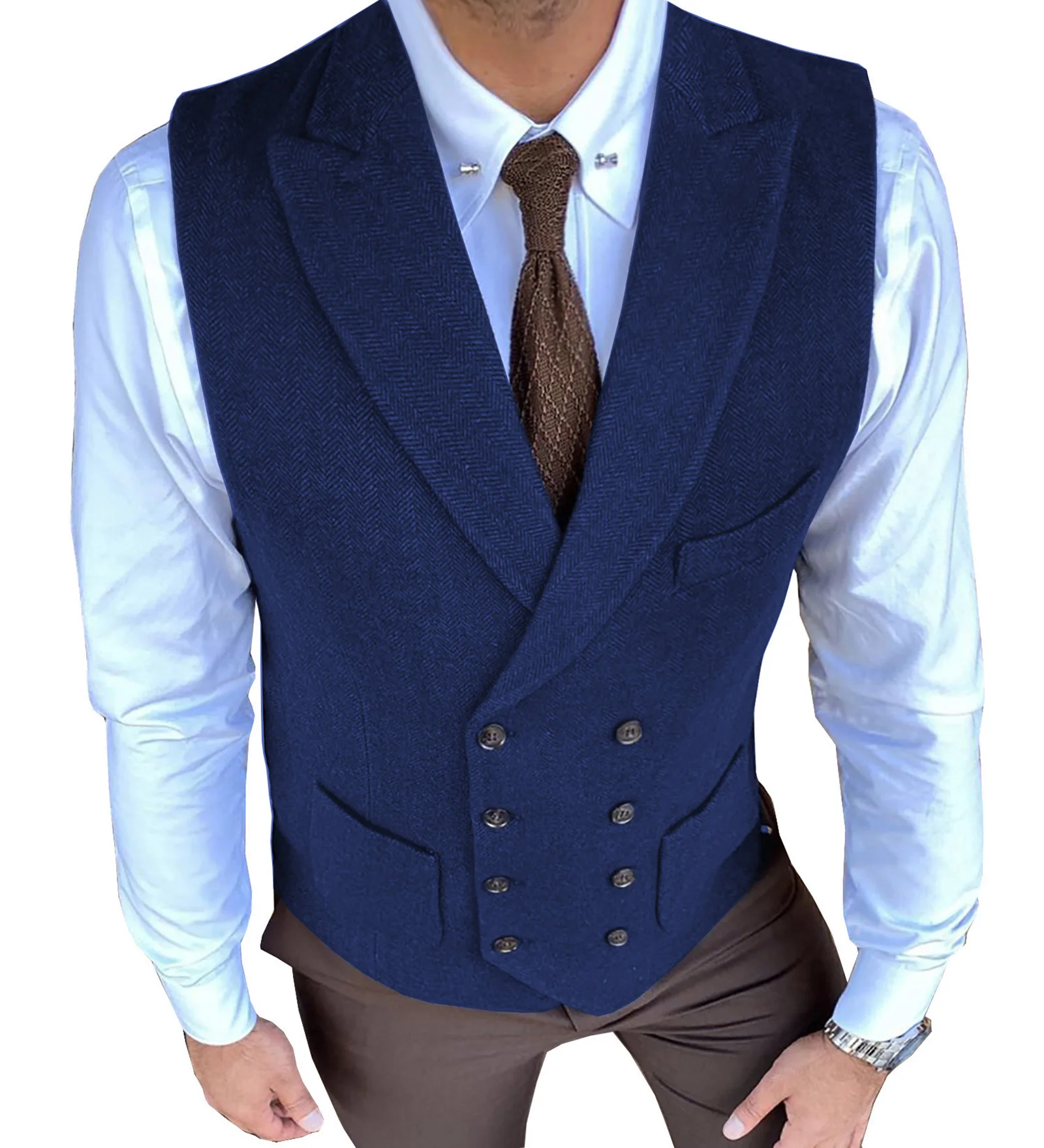 Royal Blue Suit Vest Men Jacket Sleeveless Vintage Tweed Vest Double Breast Plus Size Herringbone Waistcoat Groommen For Wedding