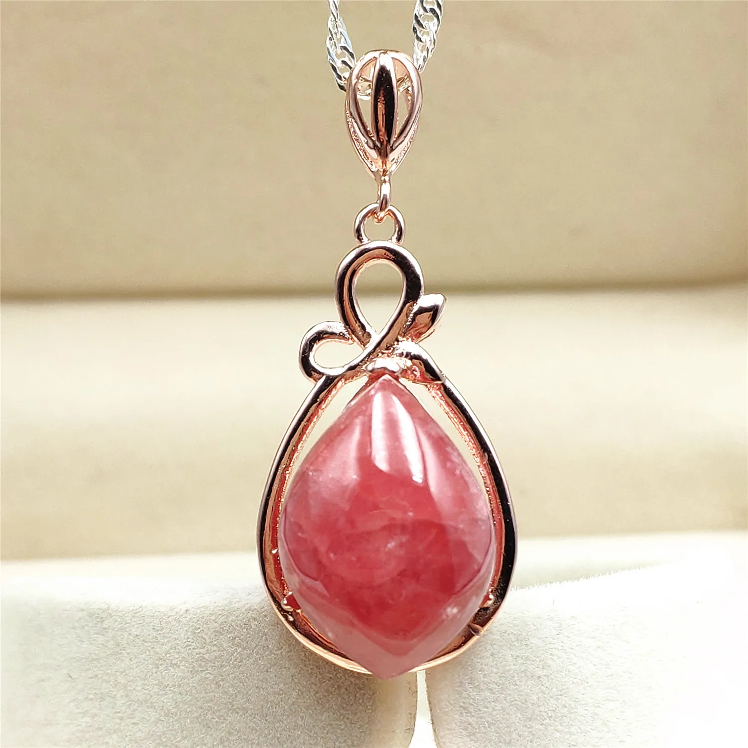 

Natural Red Rhodochrosite Pendant Water Drop Stone 28x17mmWomen Men Rose Gold Love Reiki Necklace Fashion Rare Bead AAAAA