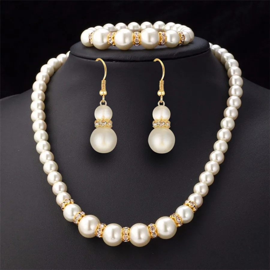 Индийские бусы комплект ювелирных изделий имитация жемчуга ожерелье браслет женские украшения, серьги наборы инкрустация CZ невесты набор акция