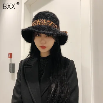 

[BXX] 2020 Autumn Winter Temperament Black Color Spliced Leopard Pattern Ribbon Dome Fisherman Hat All Match Hat LM428