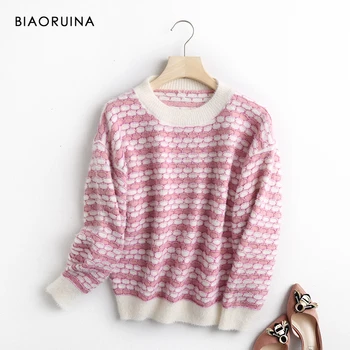 

BIAORUINA Women's Lurex Stripes Jacquard Round Neck Loose Fashion Knitted Pullover Female Autumn Winter Sweet Sweater One Size