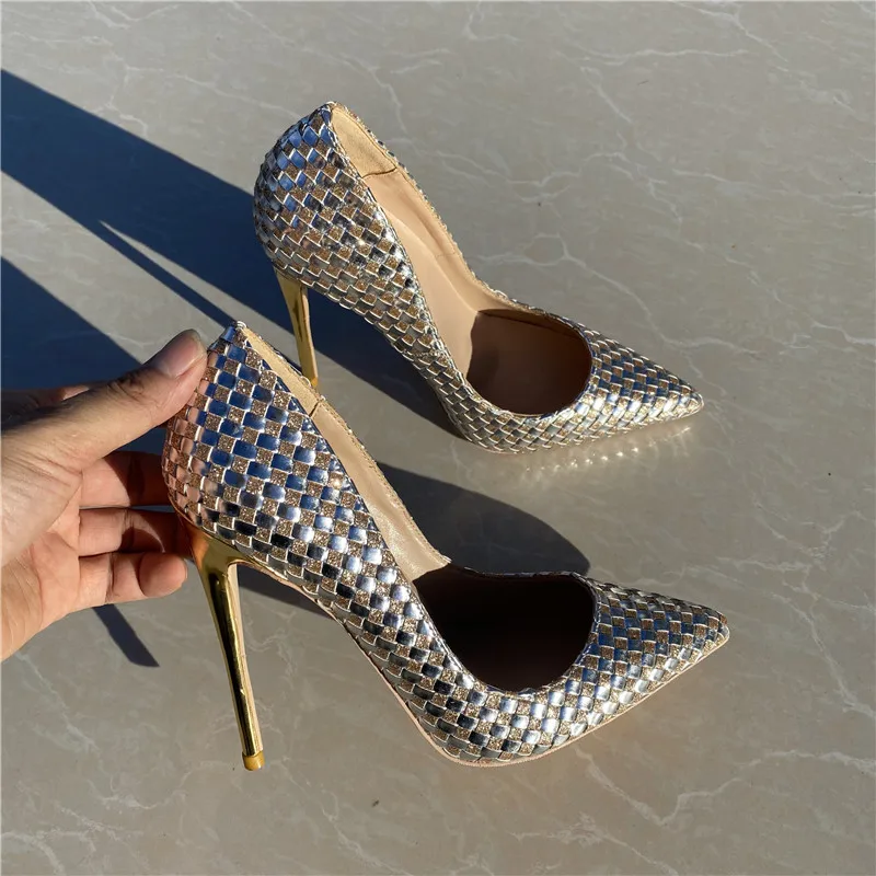 Ke Shang Jia Shiny Plaid Women Stilettos High Heels Bling Party Dress Shoes Ladies Ponited Toe Slip On Pumps Size 33-46