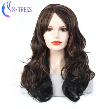 

Long Wavy Synthetic Hair Wigs With Bangs X-TRESS Fashion Black Mixed Brown Color Low Temperature Fiber Hair Wig For Black Women
