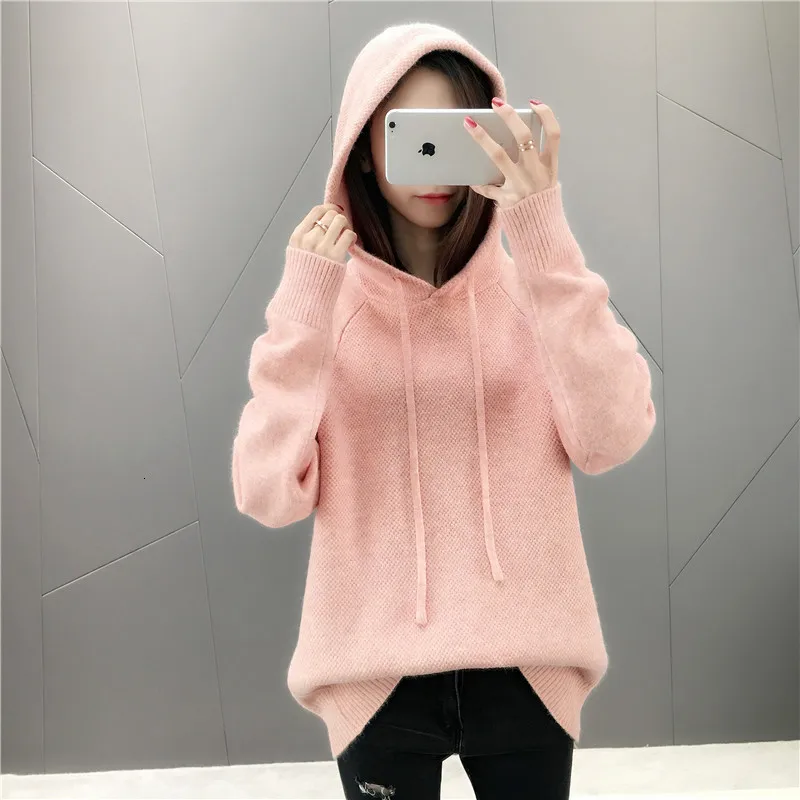 pink Зимнее пальто, женский короткий розовый свитер с капюшоном, вязаный свитер с длинным рукавом, женская осенняя одежда, корейский модный женский свитер, рубашка - Цвет: pink