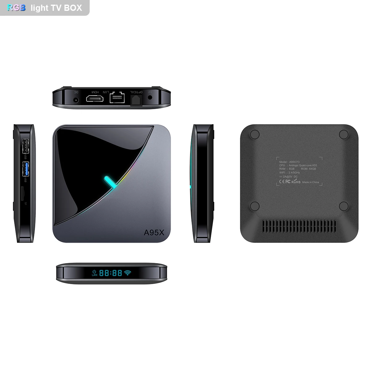 A95x F3 RGB Light Android 9.0 Smart TV Box Android 9.0 4GB 64GB Amlogic S905X3 WIFI H.265 8K 60fps Netflix Youtube Set Top Box