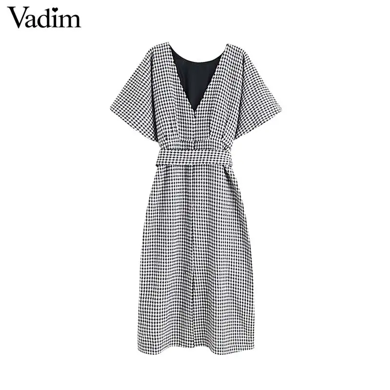 Vadim женское шикарное платье с принтом «гусиные лапки» с поясом сзади на молнии с короткими рукавами женские повседневные шикарные платья средней длины QC726