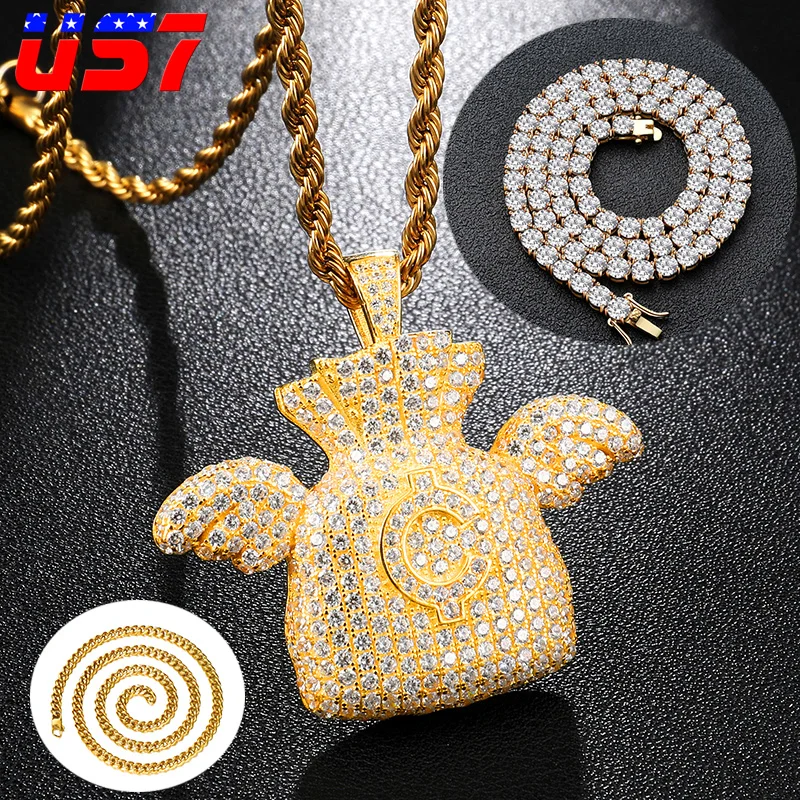 US7 Iced out сумка для денег с крыльями ожерелья подвесками мужчин Белый Кристалл