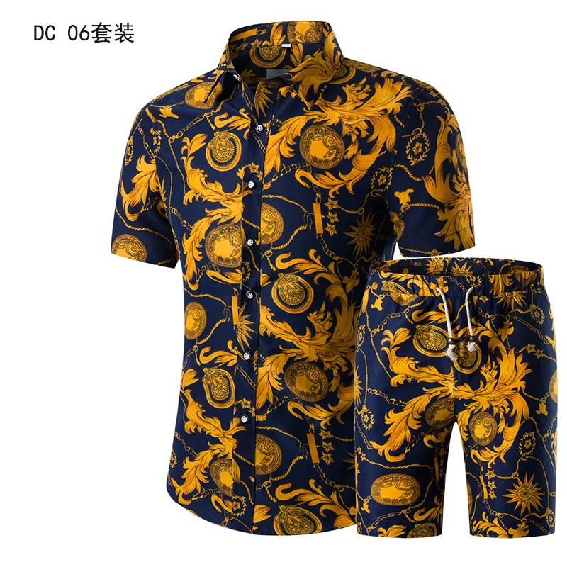 Summer Mens Fashion Gold Luxury Designer Shirts For Mens Set Fancy Hawaii Beachwear Floral Printed Short Sleeve Club shirt set