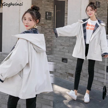 

Trench Coat Women Spring Hooded Unisex Printed Zipper Retro Loose Large Size All-match Daily Outwear Students Ins Chic Ulzzang