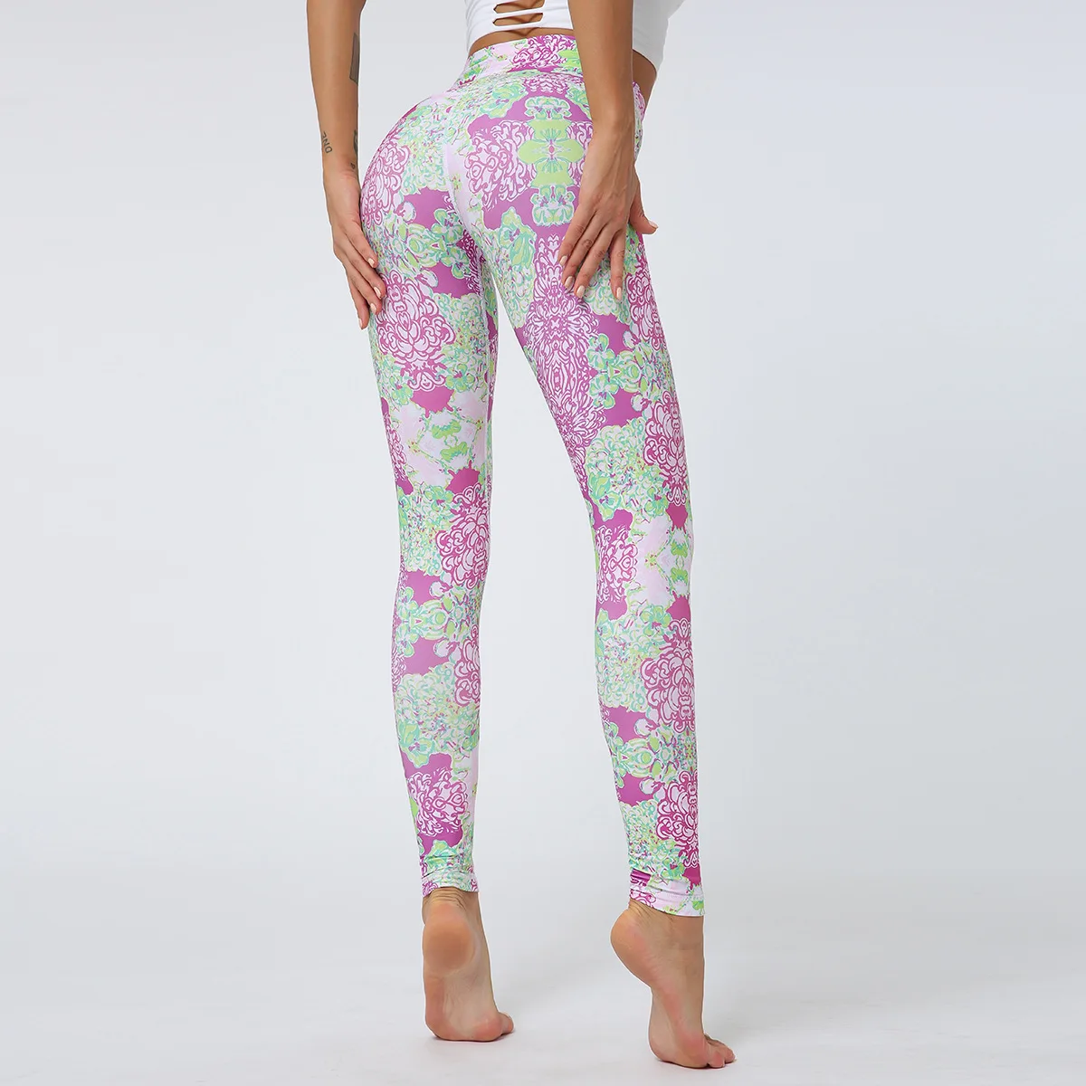 

2019 Digital yin hua kuan Plant of Fitness Yoga Leggings High-waisted Buttock Lifting Tight Sports Ninth Pants Women's