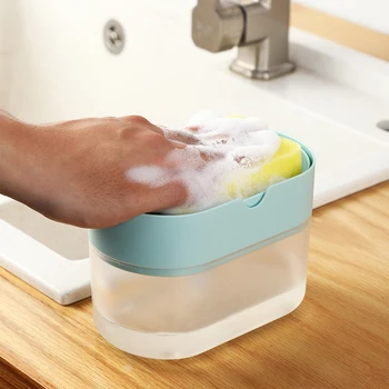 

2-in-1 Sponge Box With Soap Dispenser Double Layer Kitchen Plastic Soap Dispenser Automatic Sponge Scrubber Holder Case