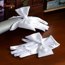 Белые атласные свадебные перчатки с длинными пальцами, длина запястья, очаровательный бант, женские Вечерние перчатки ручной работы, короткие перчатки guantes novia G108
