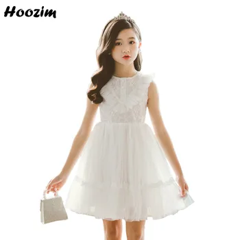 

Princess Heart Collar Sleeveless Tulle Knee Length Lace Dress Girls 4-14 Years White Minimalist Solid Elegant Dresses For Teens