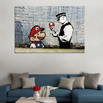 

Banksy Graffiti Canvas Art Paintings Mario And The Cop Wall Art Picture Poster and Prints Home Decoration for Living Room