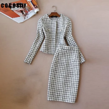 

Elegant office ladies Two-piece set plaid tweed jacket women blazer suit Casual suits female blazer sets Chic blazer skirt suits