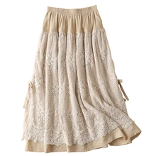 Элегантные кружевные юбки для женщин, винтажные хлопковые и льняные юбки длиной до лодыжки, весна и лето, новые свободные плиссированные юбки для женщин
