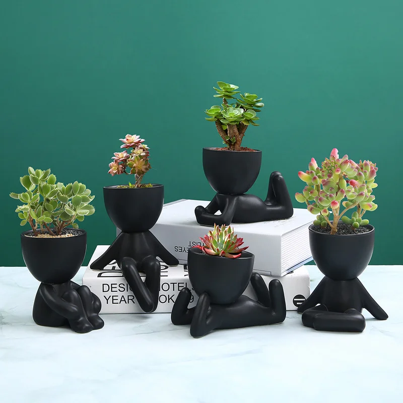 

Creative Black Figure Flower Pot Plant Cactus Potted Abstract Ceramic Figure Flower Pot Figurine Coffee Table Living Room Decor