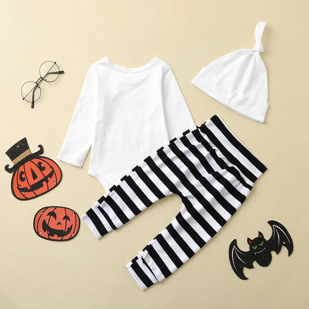 Fashion Winter Toddler Children Clothes Baby Kids Costume Girl Boy Long Sleeve Halloween Set Romper Tops Striped Pants Outfits