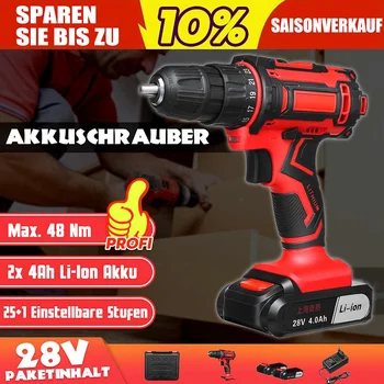 

2 Speed Electric Cordless Drill Power Driver Screwdriver 28V 2 Li-Ion Battery LED Light 48Nm 25+1 Torque 3/8" Chuck Power Tools