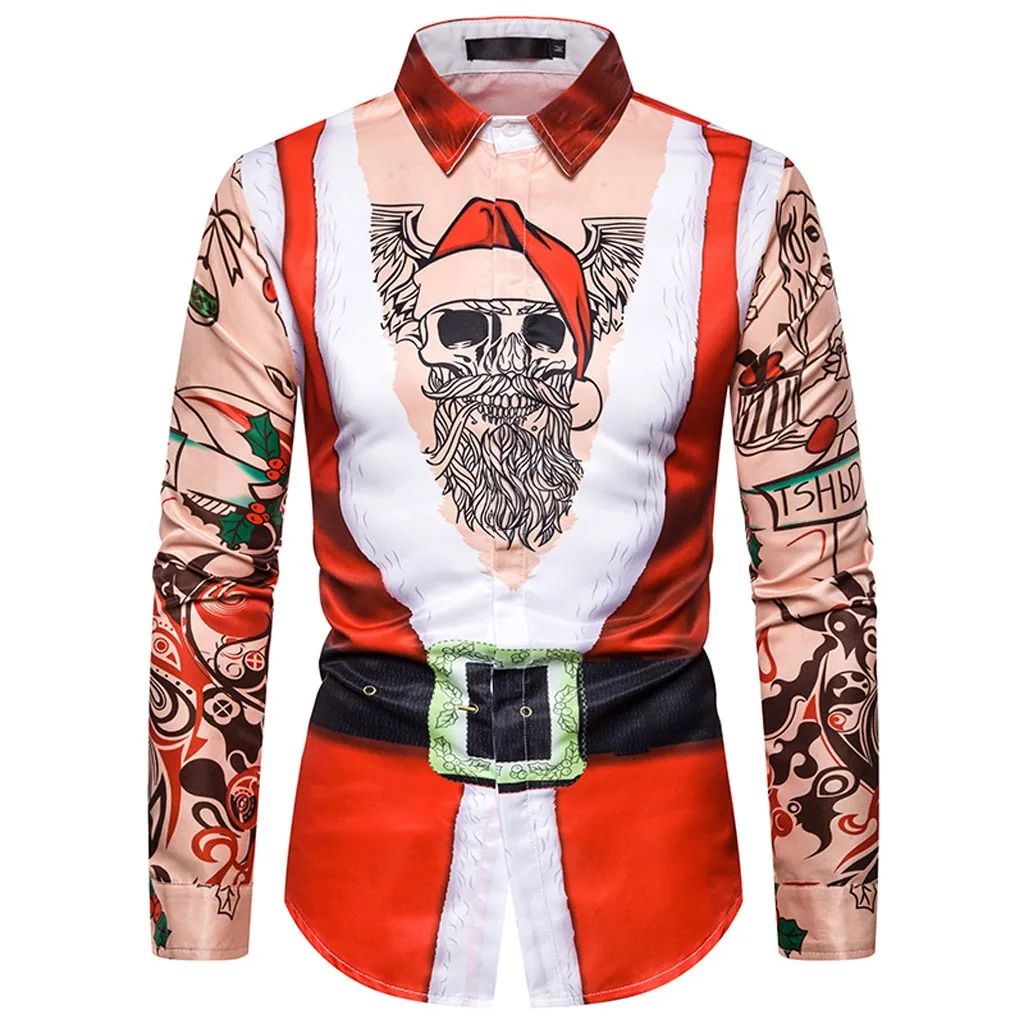 Мужская рубашка с рождественским принтом, имитация двух частей, стоячий воротник, Мужская одежда, Рождественская вечеринка, выпускной, Санта Клаус, Chemise Homme