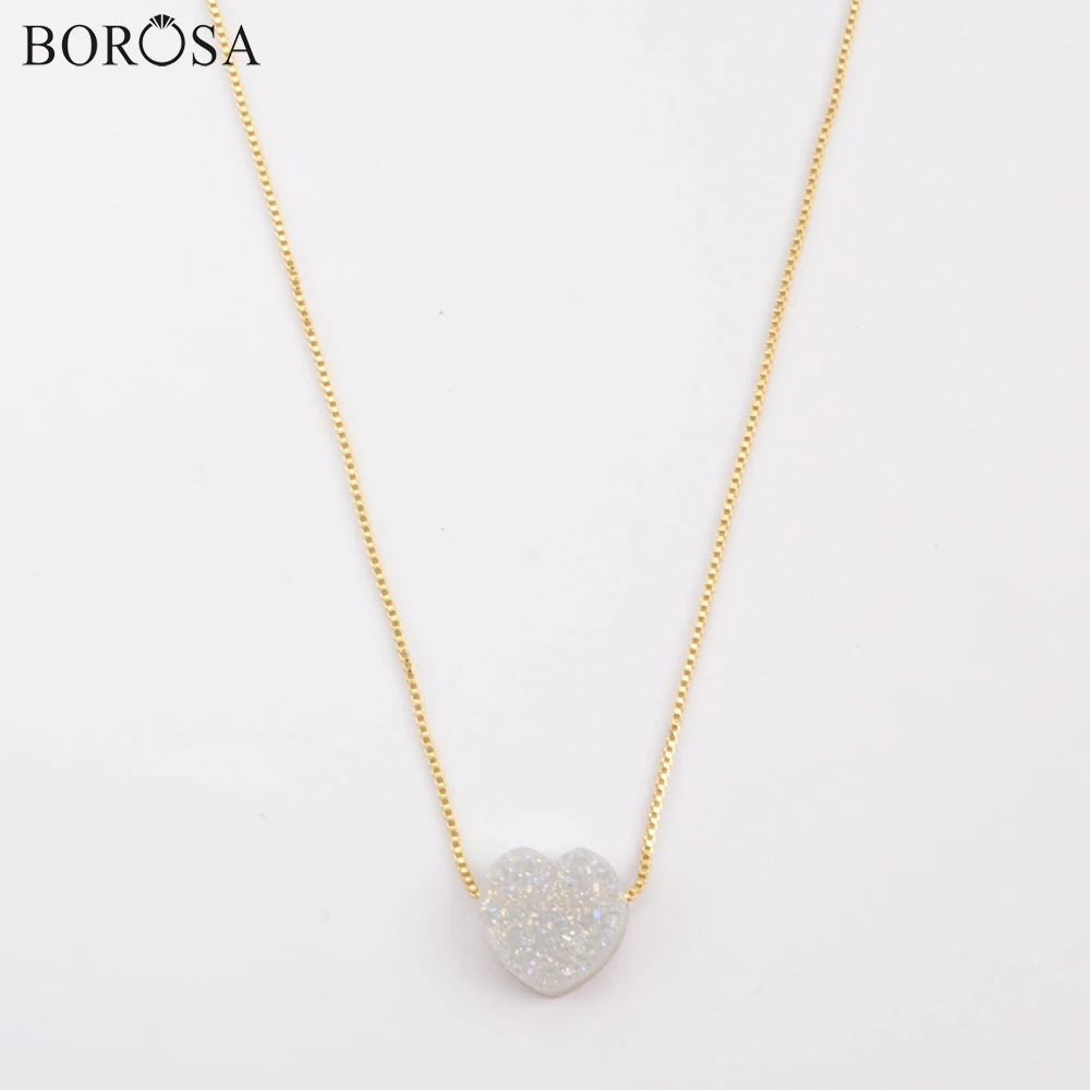 BOROSA, 5 шт., модное, Радужное, в форме сердца, титана, натуральный Druzy, подвеска, 16,5~ 17 дюймов, цепочка, регулируемое ожерелье для женщин G1889