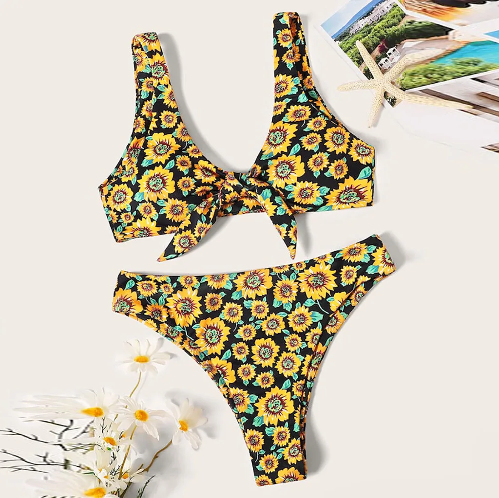 

JAYCOSIN Small Sunflower Print Swimwear Women Bow Yellow Bikini Mid Waist Beach Bathing Fashion Simple Bikini Swimsuit Sexy New