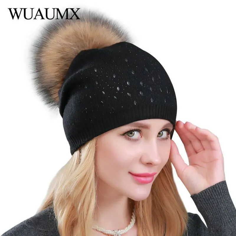 Wuaumx/женские зимние шапки с помпоном; двухслойная шерстяная вязаная шапка; однотонная Шапка-бини с помпонами; Осенняя шапка для девочек; женская шапка