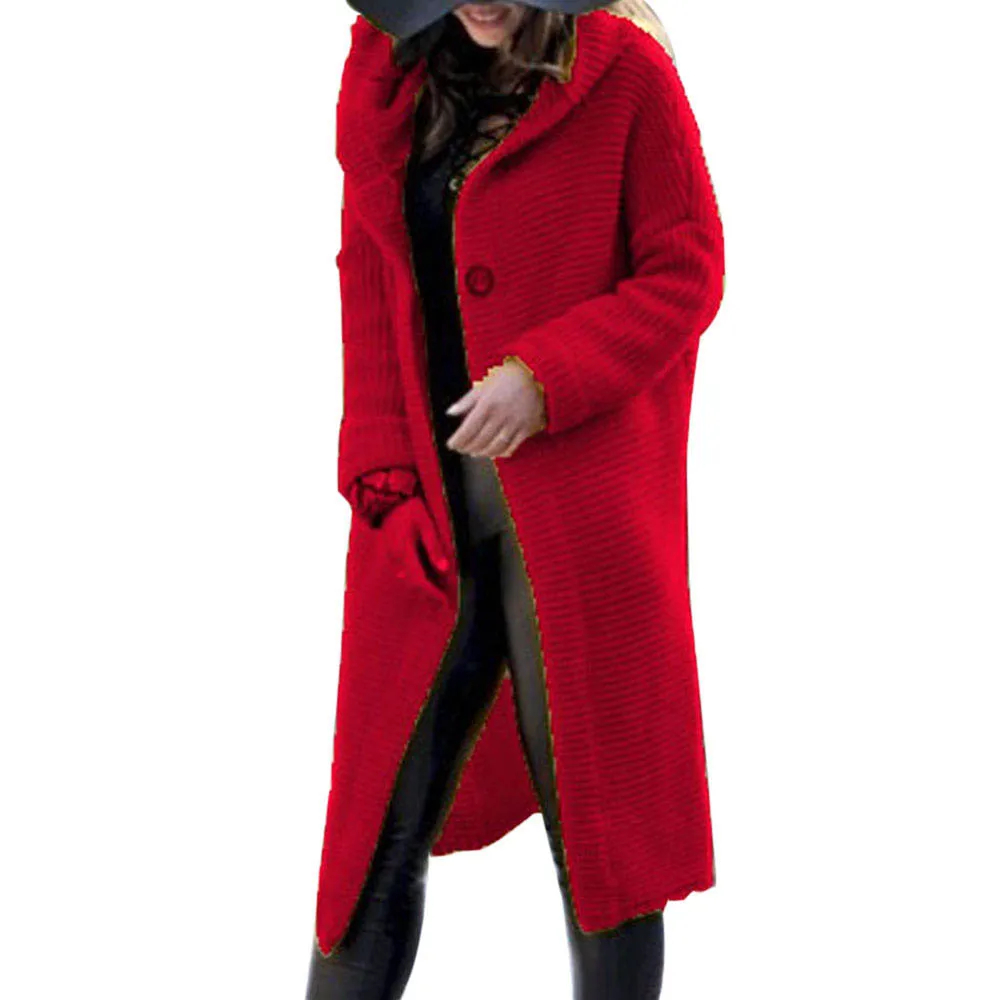 Осень зима женские Свитера синие пальто с капюшоном кашемировый кардиган вязаный свитер длинное пальто размера плюс джемпер женский трикотаж - Цвет: Красный