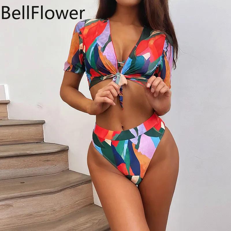 three piece bikini New Floral Print Women's Split Swimsuit Sexy Bikini Micro Halter Bandage Backless Brazilian Bikini Neon Green Two Piece Swimwear plus size swimwear