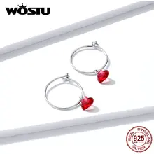 WOSTU,, настоящее 925 пробы, серебряные, красные серьги, модные, геометрические, для ушей, круг, красное стекло, сердце, серьги для женщин, FNE317