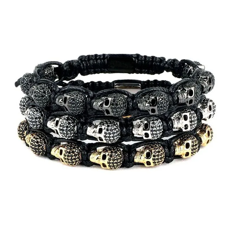 Роскошный мужской модный черный плетеный макраме с черепом из фианита мужские
