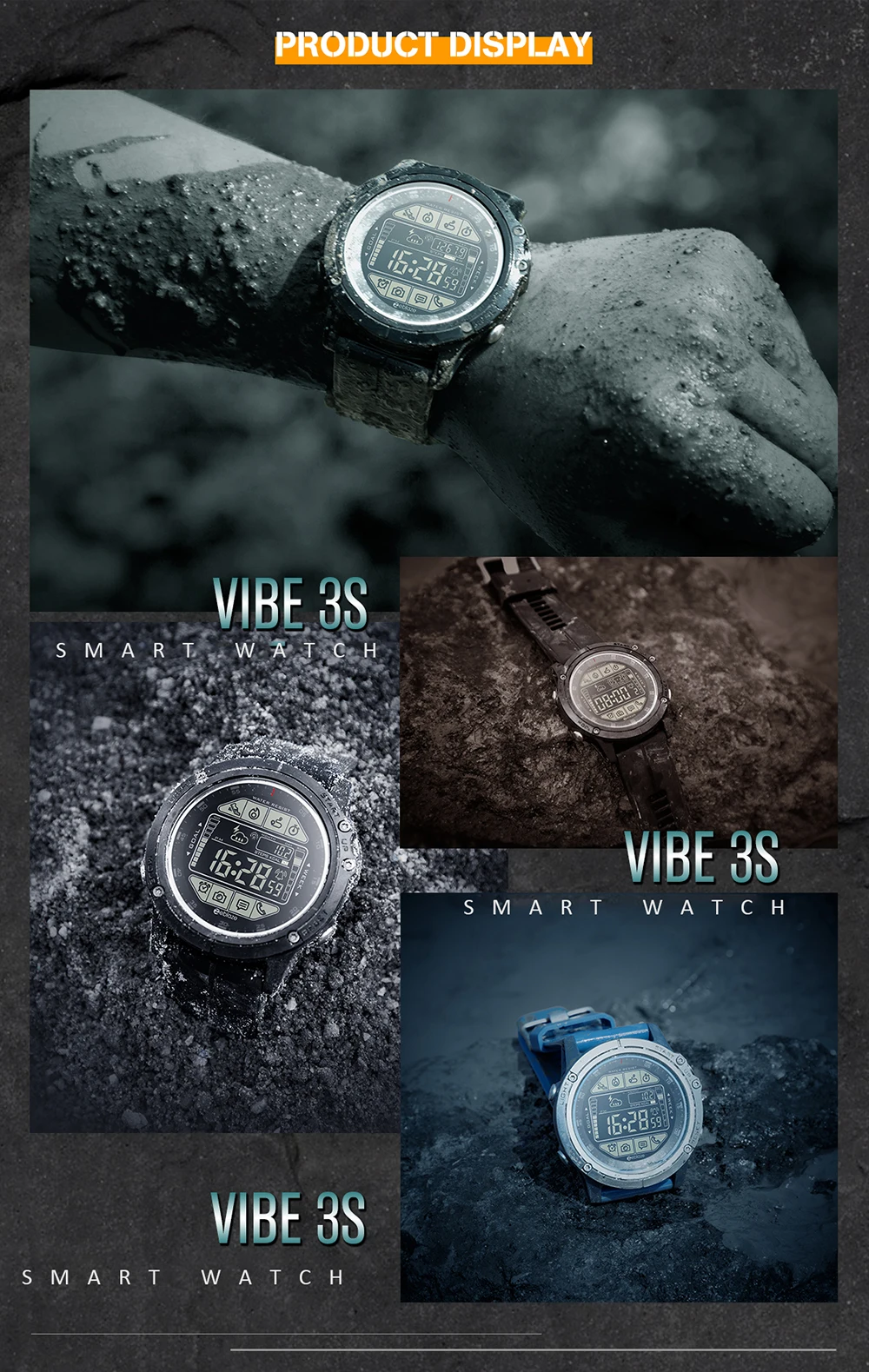 Zeblaze VIBE 3S смарт-часы для мужчин 1,24 дюймов FSTN полный экран просмотра светодиодный шагомер с подсветкой 5 АТМ Водонепроницаемый Bluetooth 4,0 Smartwatch