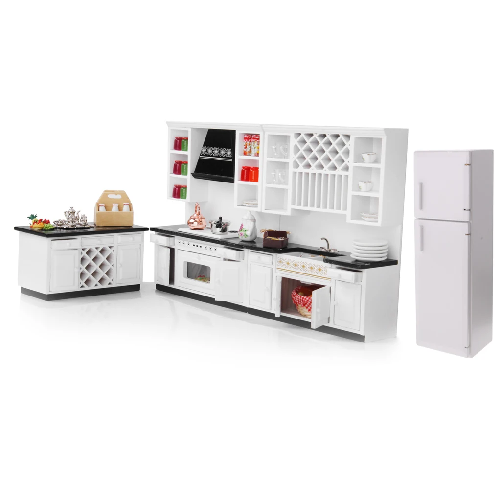 

12th Dolls House Miniature White Stove /Sink Cabinet Fridge Model Kitchen Room Furniture Accessory