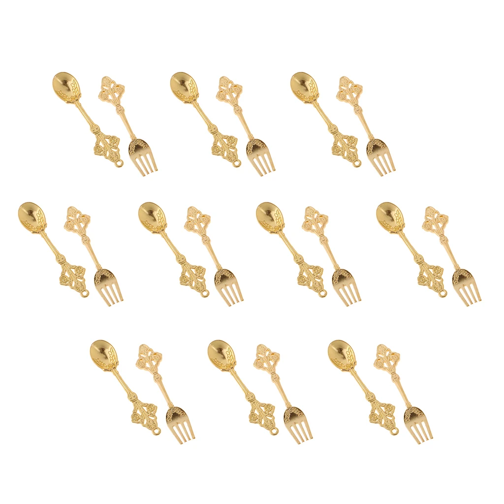 10 Pairs Mini Golden Spoon Fork Kit Tableware for 1/12 Dolls House Pretend Play Kitchen Dining Room Furniture Kitchen Toys
