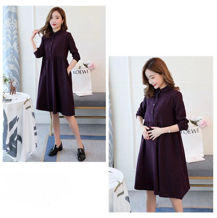 New Plaid Nursing Maternity Breastfeeding Dresses Autumn Winter Clothes for Pregnant Women Single-breasted Pregnancy Dress