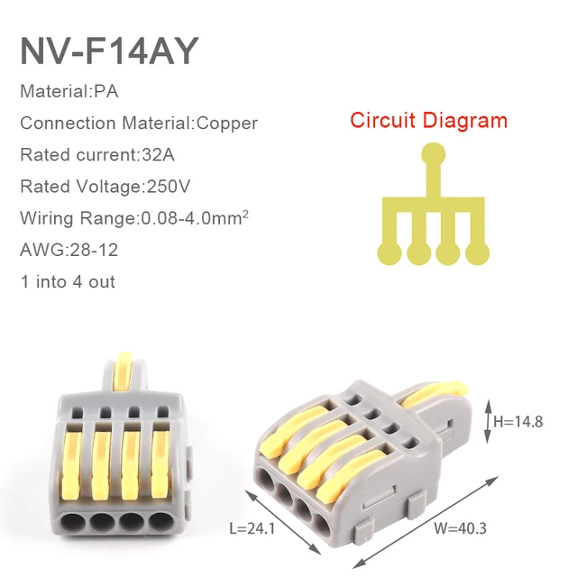 5PCS 1 in multiple out Splitter plug-in Quick Wire Connectors Combined Butt Parallel Terminals With Lever For Junction Box 5PCS NV-F14AY